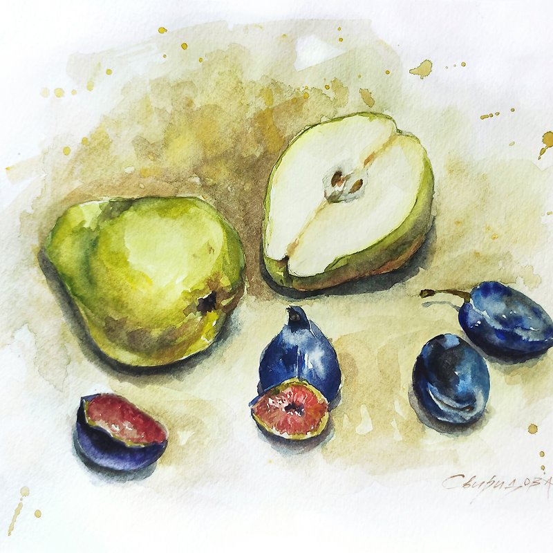 Fruits Painting Still Life Watercolor Original Art Food Painting Pear Artwork