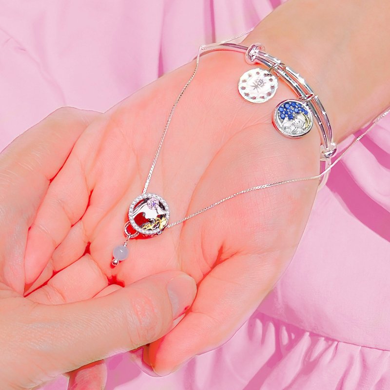 聖誕禮物媽咪的吻 純銀Baby手鐲+媽咪純銀項鍊(1+1套組) - 嬰兒手鍊/飾品 - 純銀 銀色