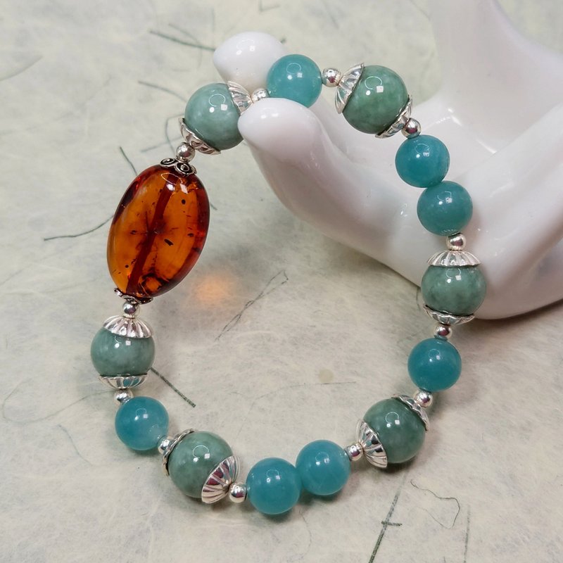 手鍊 天然琥珀 清透香檳色 豆青 天河石 925銀飾 寶石 手珠 - 手鍊/手環 - 寶石 