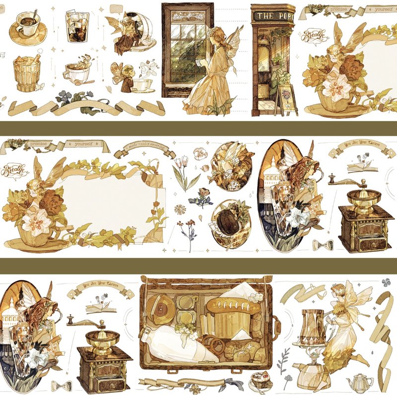 爵士珈琲館 古典畫風 PET 和紙膠帶 10米卷 - 紙膠帶/和紙/PET - 其他材質 金色