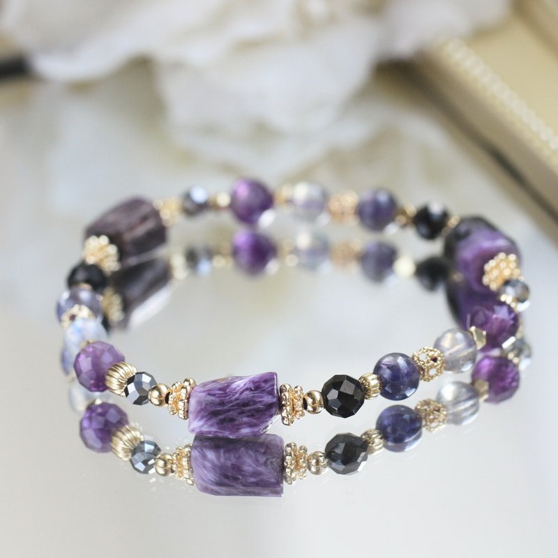 Labradorite amethyst raw mineral cordierite amethyst obsidian wisdom noble crystal bracelet - สร้อยข้อมือ - คริสตัล สีม่วง