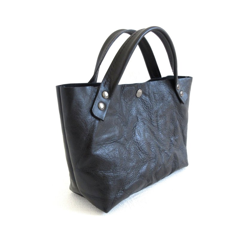 Short Length, Cowhide, Wide Bottom Gusset, Single Piece Leather Mini Tote, Washable, Black, 0617 - กระเป๋าถือ - หนังแท้ สีดำ