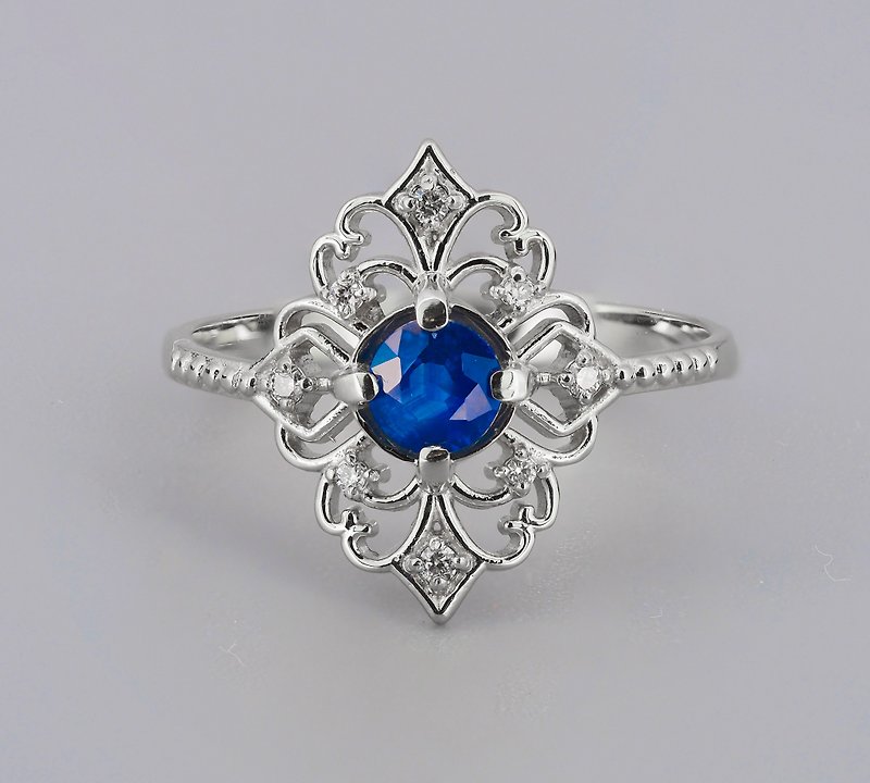 14 kt  gold ring with sapphire and diamonds are hand made item. - 戒指 - 貴金屬 金色