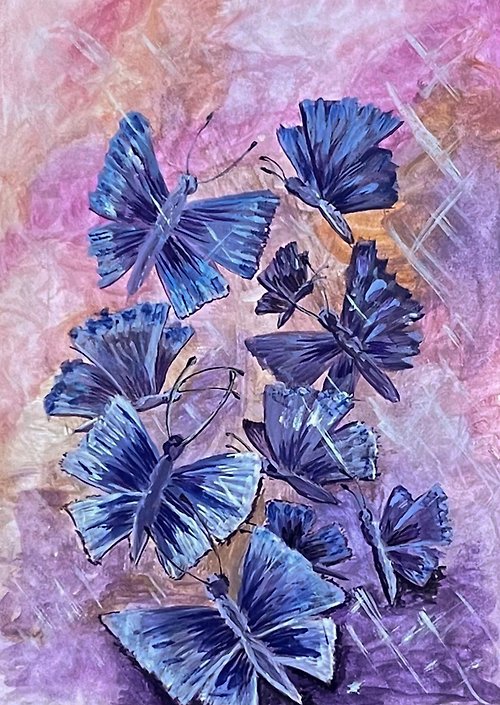 vernissage-VG-galery Flying butterflies in a pink-lilac mist. Watercolor.