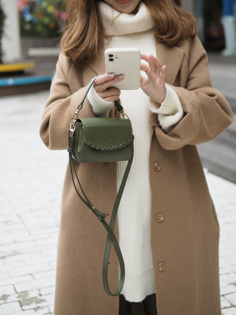 Canele (Moss green): Mini bag, Crossbody bag, Cow Leather wallet, soft leather - 銀包 - 真皮 綠色