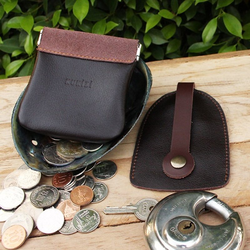 Set of Coin Bag & Key Case - Brown + Brown Strap / Cow Leather / Coin Purse - กระเป๋าใส่เหรียญ - หนังแท้ 