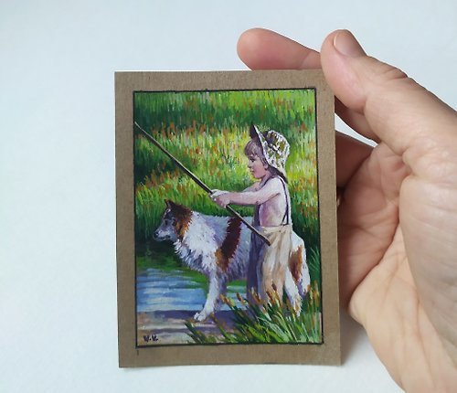 LanaArt 魚人Aceo原創藝術手工小畫 Boy Aceo Original Art Fishman small painting Collectible card