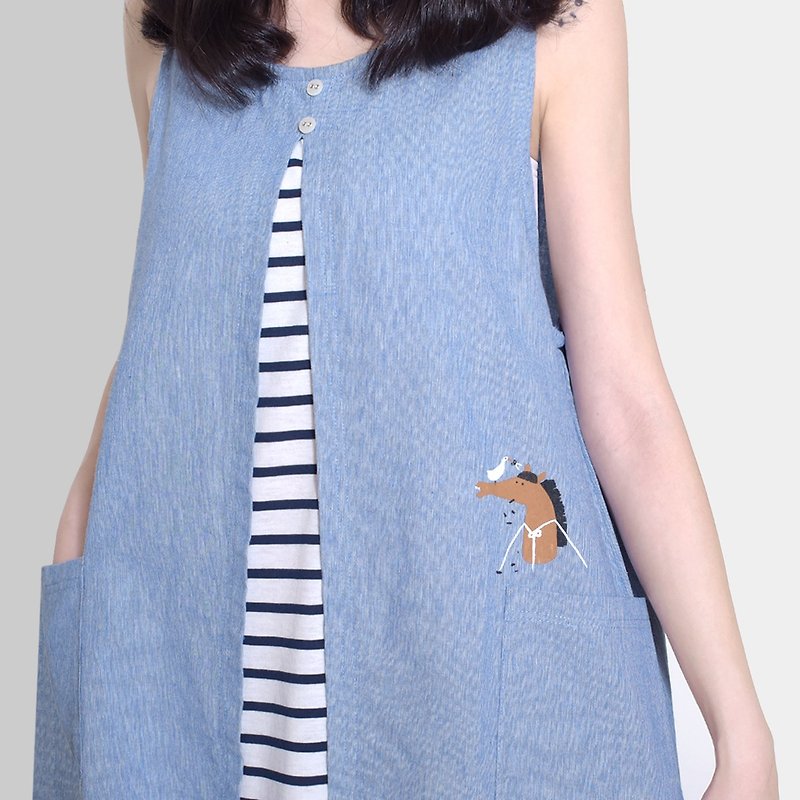 [Last one] refreshing flat bangs horse - stitching striped vest skirt, linen blue - One Piece Dresses - Cotton & Hemp Blue