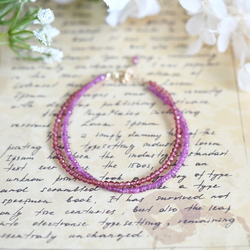 Pink sapphire and garnet double-strand bracelet with adjuster, September and January birthstones - Bracelets - Other Metals Pink