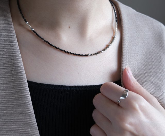 svart og pýrít necklace 天然石ブラックスピネルパイライト