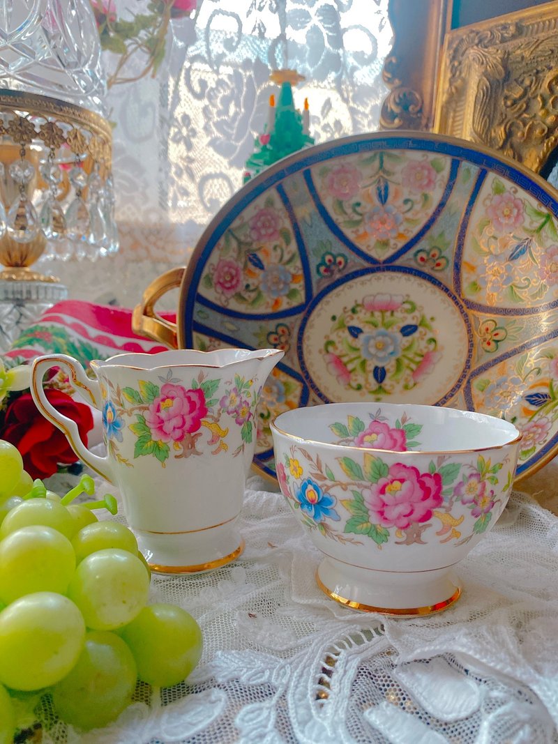 1940年英國製Royal Stafford骨瓷手繪牡丹花奶壺糖碗兩件組庫存品 - 茶壺/茶杯/茶具 - 瓷 多色