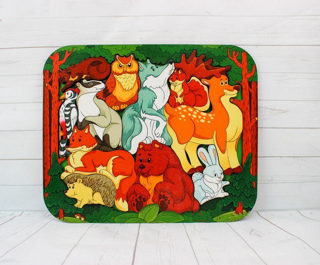 木製パズル 野生の森の動物 モンテッソーリ幼児学習おもちゃ2 3 4 5 ショップ Woodcreativitygifts 知育玩具 ぬいぐるみ Pinkoi