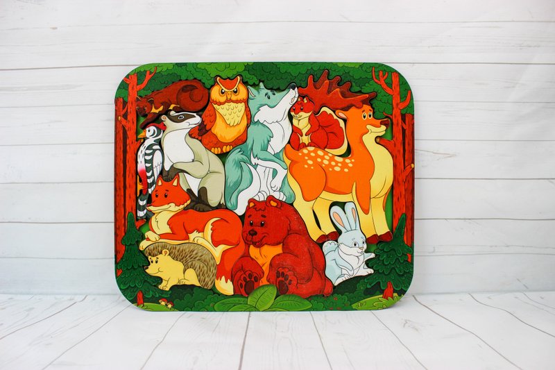 Wooden Puzzle - wild forest animals, Montessori toddler learning toy for 2 3 4 5 - 寶寶/兒童玩具/玩偶 - 木頭 金色
