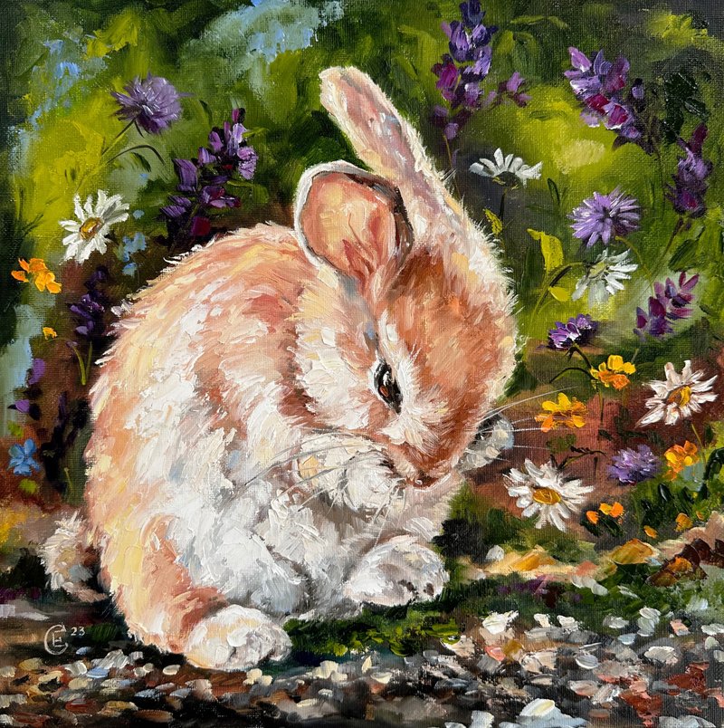 Rabbit oil painting Rabbit Art Tiny painting Bunny artwork - 壁貼/牆壁裝飾 - 其他材質 
