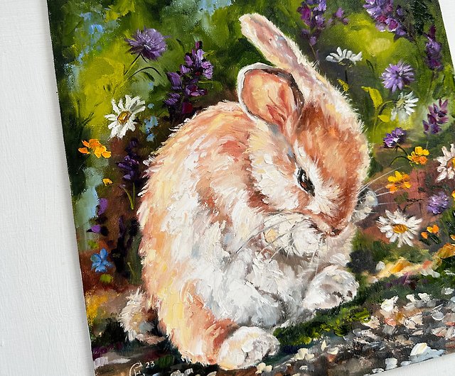 ウサギの油絵 ウサギのアート 小さな絵 ウサギのアートワーク 