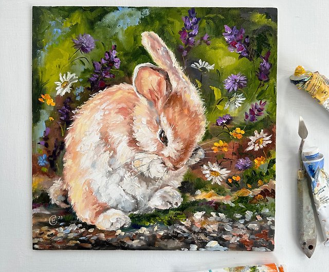 ウサギの油絵 ウサギのアート 小さな絵 ウサギのアートワーク 