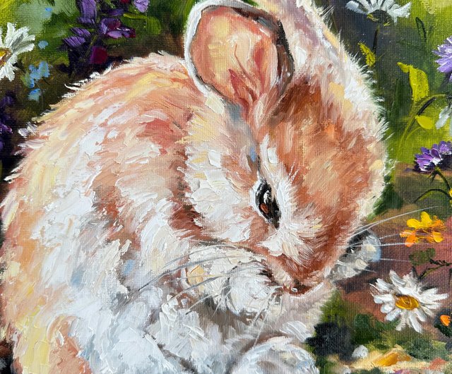 ウサギの油絵 ウサギのアート 小さな絵 ウサギのアートワーク