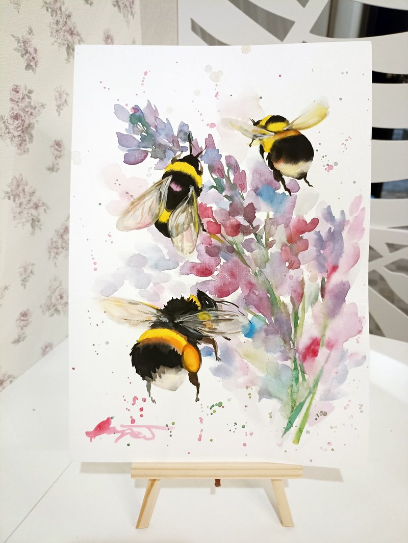 Watercolor original 3 bumblebee room decor bee painting by Anne Gorywine - 壁貼/牆壁裝飾 - 紙 多色