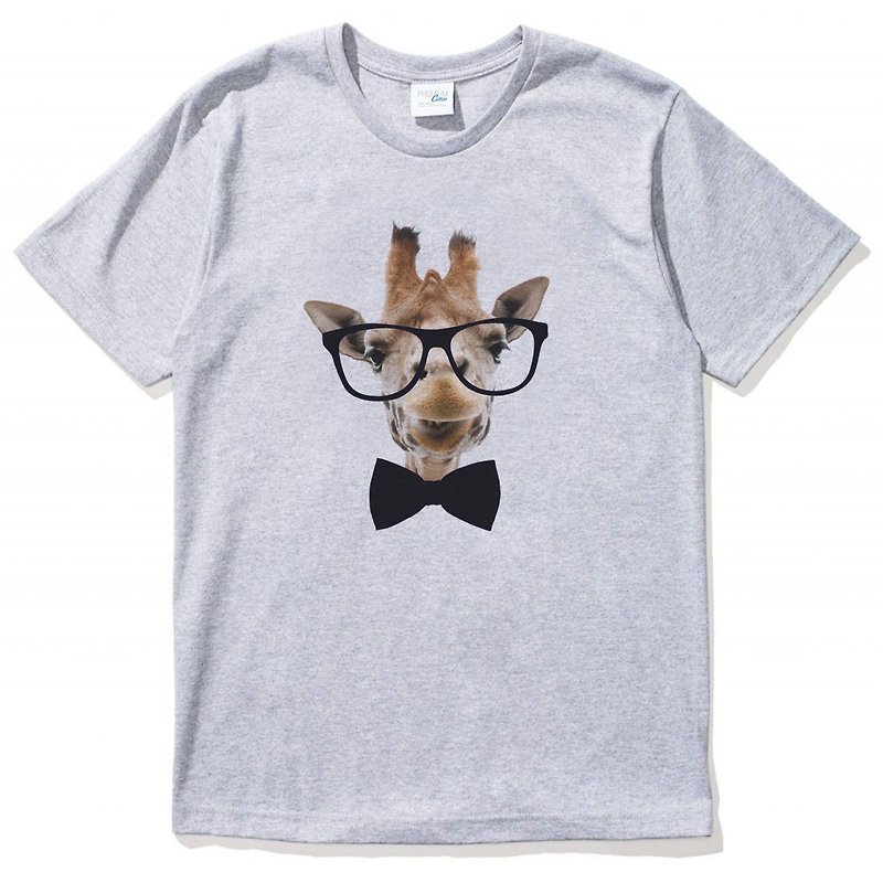 Giraffe-Bow Tie Men's and Women's Short Sleeve T-Shirt Gray Giraffe Tie Glasses Beard Animal Wen Qing Art Design Fashionable Text Fashion - Men's T-Shirts & Tops - Cotton & Hemp Gray