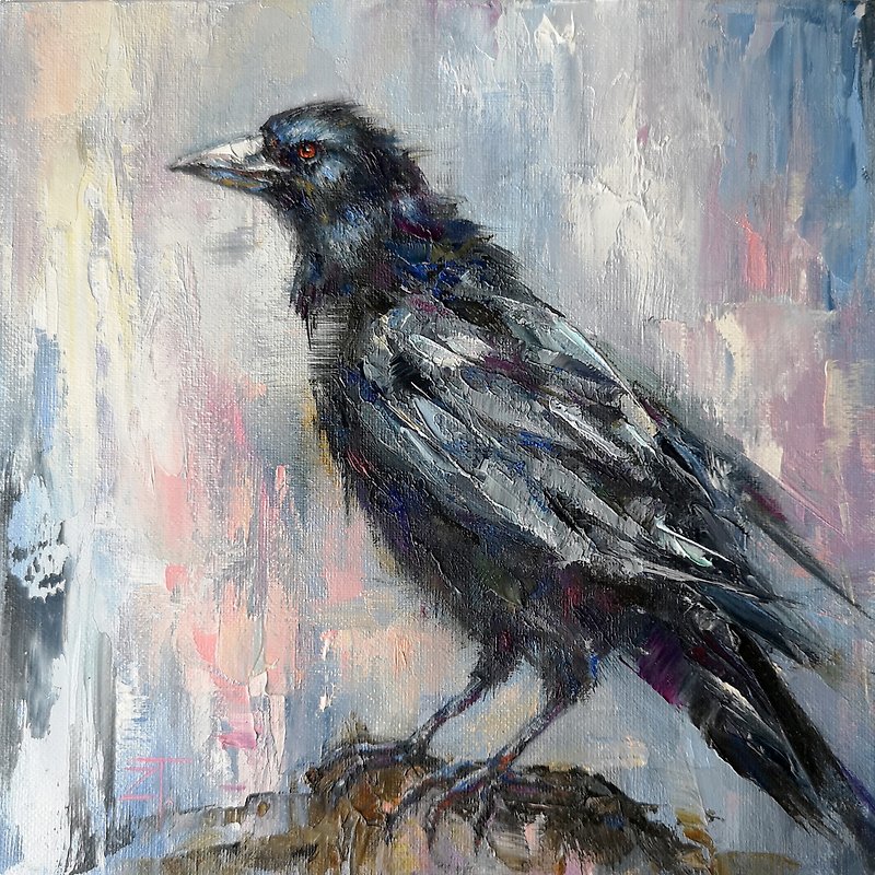 Crow Oil Painting Original Wall Art on canvas panel 25x25cm. - 掛牆畫/海報 - 其他材質 