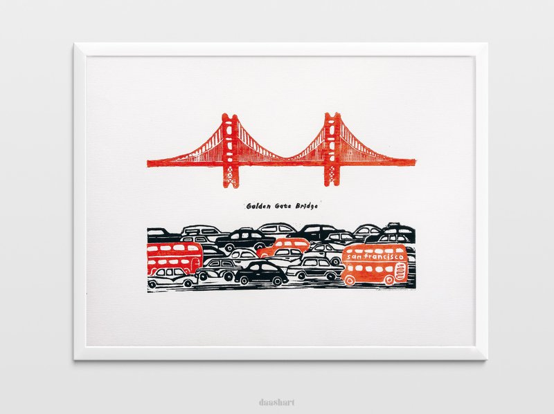 Golden gate bridge Linocut print Red and black Car original artwork - Posters - Paper Red