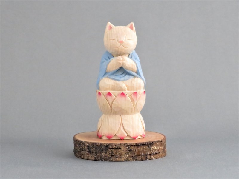 Wood carving cat, Cat to pray sitting in the lotus.011221 - Items for Display - Wood White