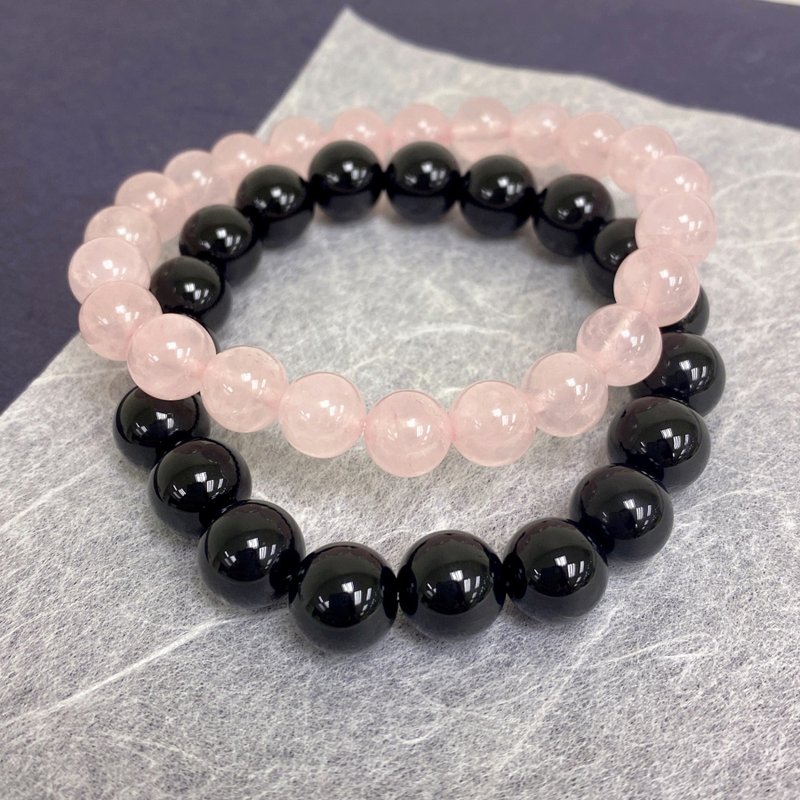 Edith & Jaz • Rose Quartz Black Agate Stretch Bracelet Set - สร้อยข้อมือ - เครื่องประดับพลอย สึชมพู