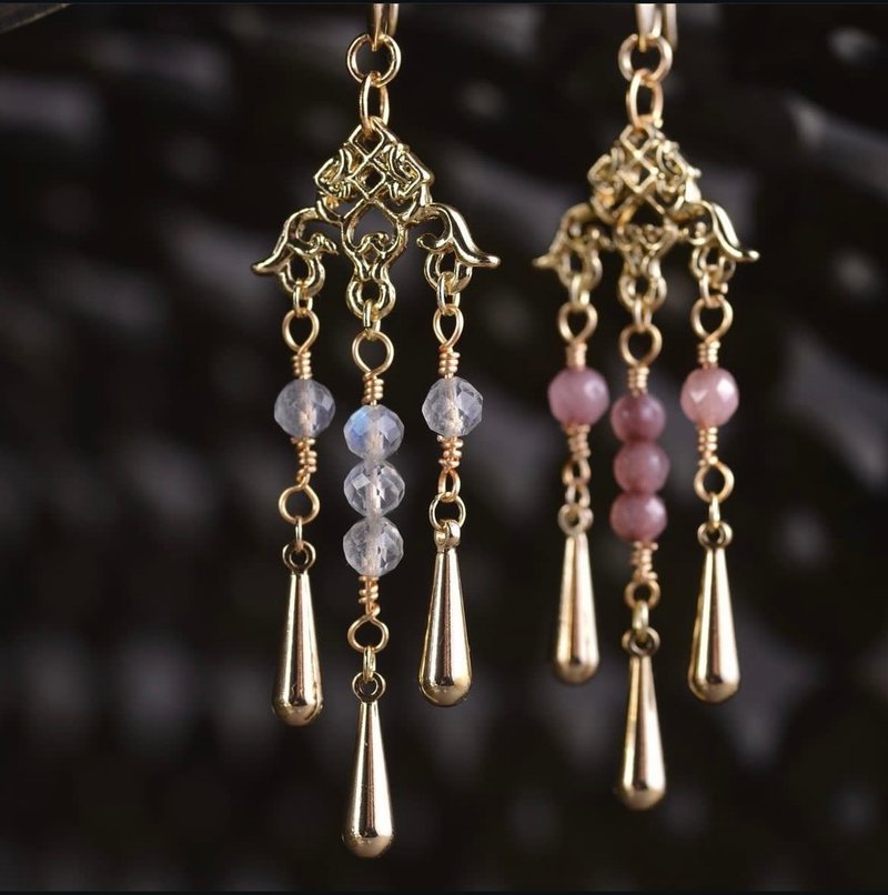 Flower Pendant Three Hanging Labradorite Peach Tourmaline 14k Gold Long Earrings - Earrings & Clip-ons - Other Metals Gold