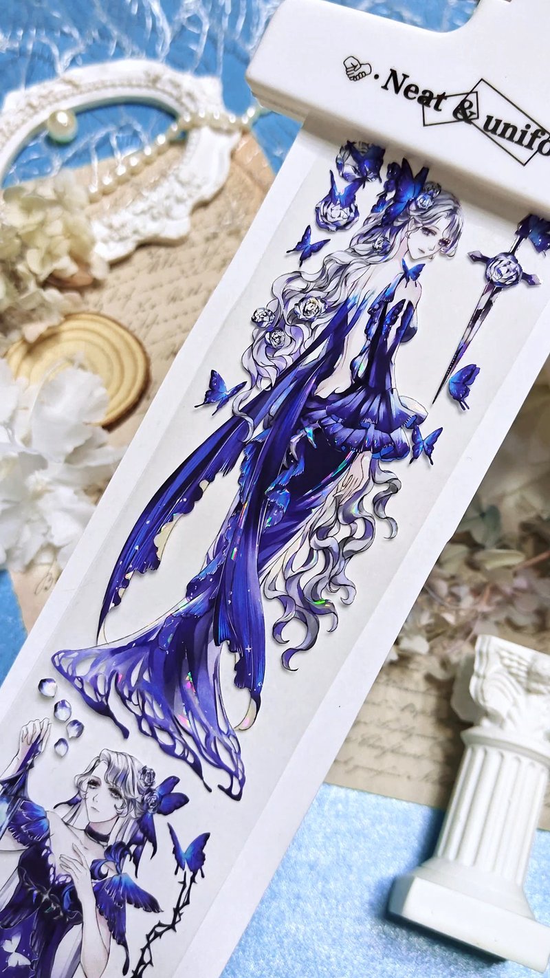 Blue Etched Butterfly Wing PET Washi Tape - Iridescent Sheen, 5m Roll - มาสกิ้งเทป - วัสดุอื่นๆ สีน้ำเงิน