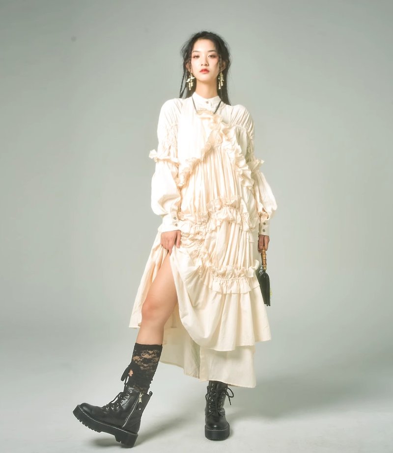 Flower pleated long shirt dress suit - One Piece Dresses - Other Materials White
