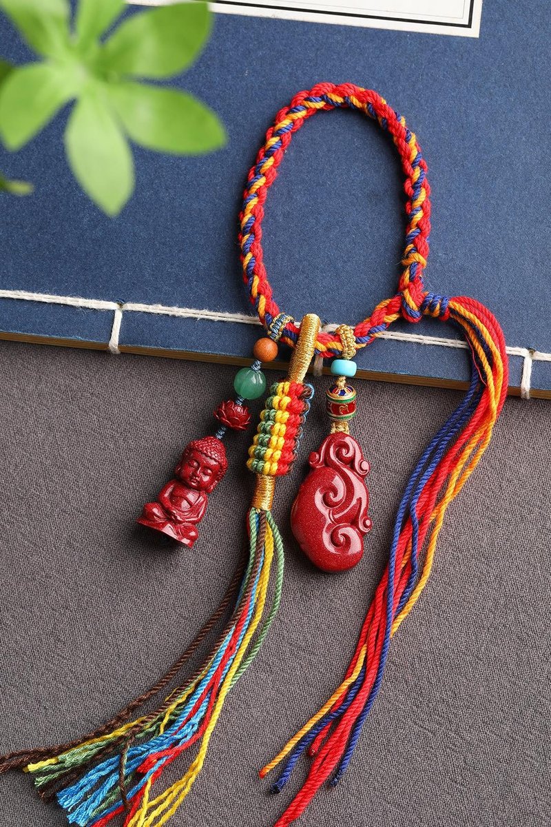 Natural Unprocessed Cinnabar Gemstone Purple Gold Sand Baby Buddha + Ruyi Keychain Bag Charm - ที่ห้อยกุญแจ - เครื่องเพชรพลอย 