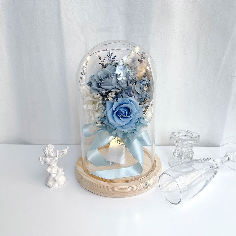 Mother's Day Gift Box/Customized Gift LED Rose Bouquet Preserved Flower Bell Jar - Morandi Blue + Sky Blue - ช่อดอกไม้แห้ง - พืช/ดอกไม้ สีน้ำเงิน