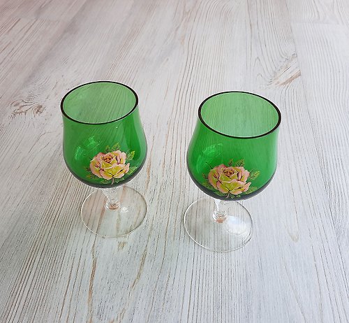 RetroRussia Soviet green cognac glass vintage - Rose decor pair alcoholic glasses
