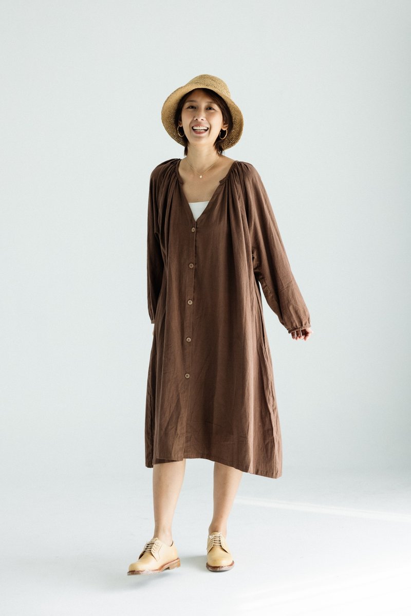 Long sleeve buttoned back hole jacket dress_Coco - One Piece Dresses - Cotton & Hemp Brown