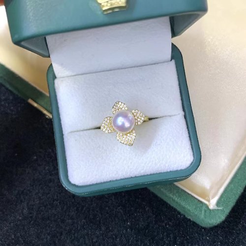 Athena珍珠設計 天然海水珍珠 akoya S925銀 銀鑲鋯石 花瓣戒指