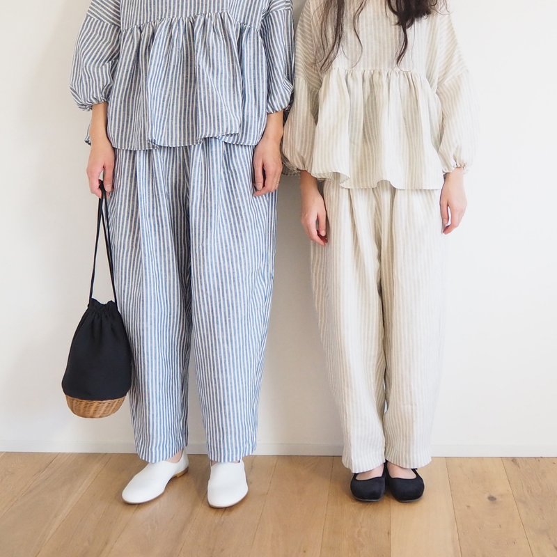 Linen stripe balloon pants - 女裝闊腳褲/長褲 - 棉．麻 藍色