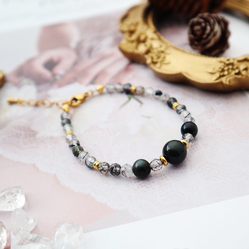 Avoid evil and prevent villains│Rainbow obsidian-black hair crystal bracelet│Brass Bronze bracelet - สร้อยข้อมือ - คริสตัล สีดำ