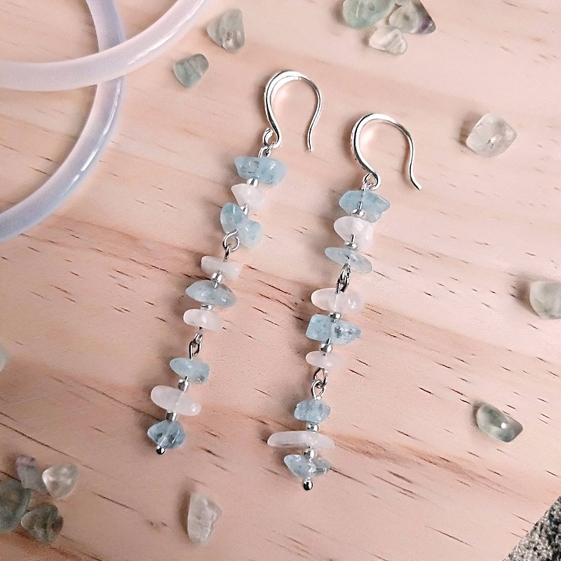 J011-Natural Stone Bead String Earrings (Four Colors) Aquamarine + Moonstone - ต่างหู - เครื่องประดับพลอย สีน้ำเงิน