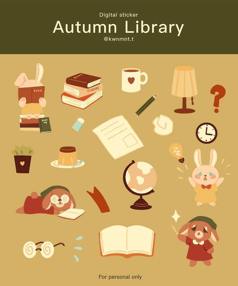 Digital stickers | Autumn Library | Electronic file | Goodnotes, etc. - ดิจิทัลแพลนเนอร์ - วัสดุอื่นๆ 