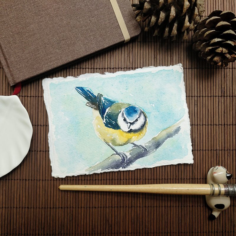 Original bird blue tit postcard Handmade paper card