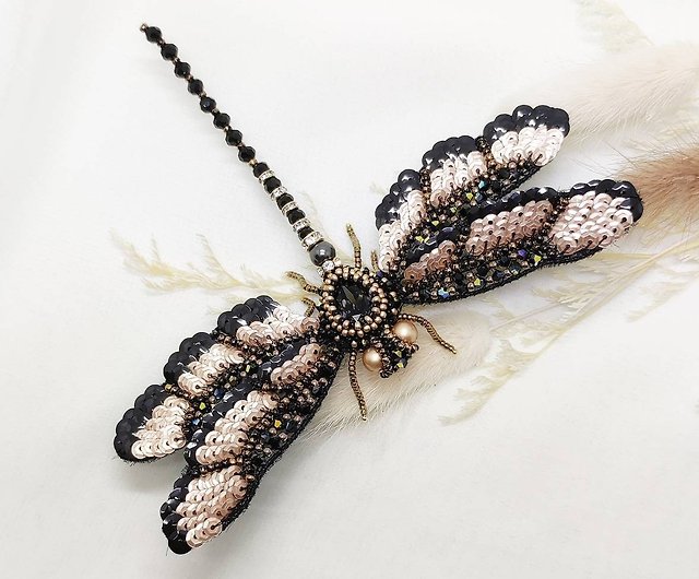 ジュエリー刺繡三次元クリスタル昆虫ブローチ-フォグゴールドブラック 
