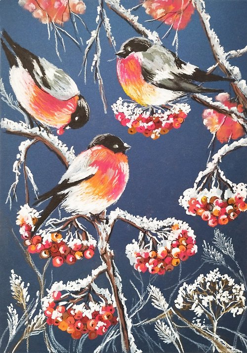 Nadinart Painting Winter Birds bullfinches oil pastel art drawing animal painting graphic