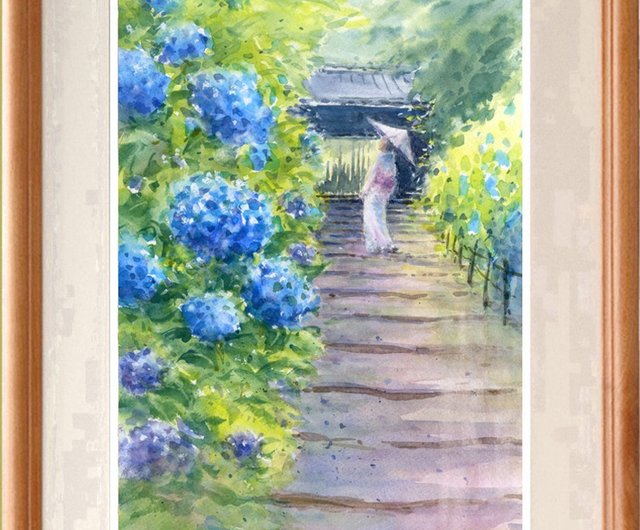 Original watercolor painting Hydrangea / Kamakura Meigetsuin