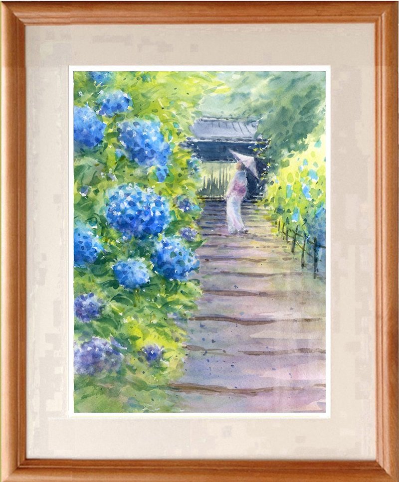 Original watercolor painting Hydrangea / Kamakura Meigetsuin