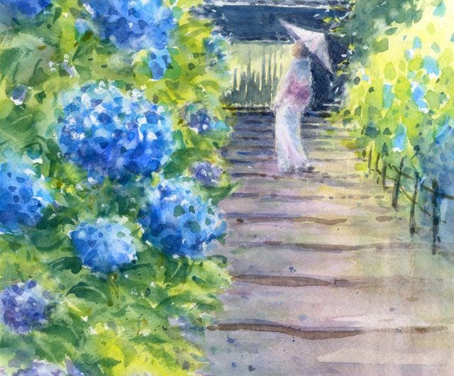 Original watercolor painting Hydrangea / Kamakura Meigetsuin