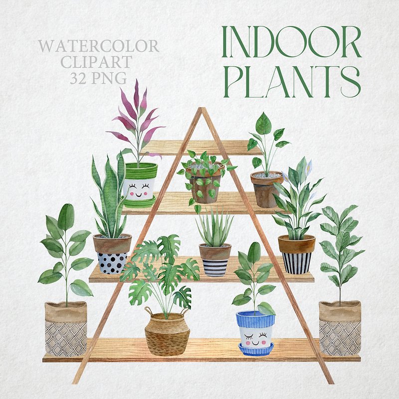 Other Materials Illustration, Painting & Calligraphy Green - Indoor Plants watercolor clipart. Green indoor plants in plant pots illustration
