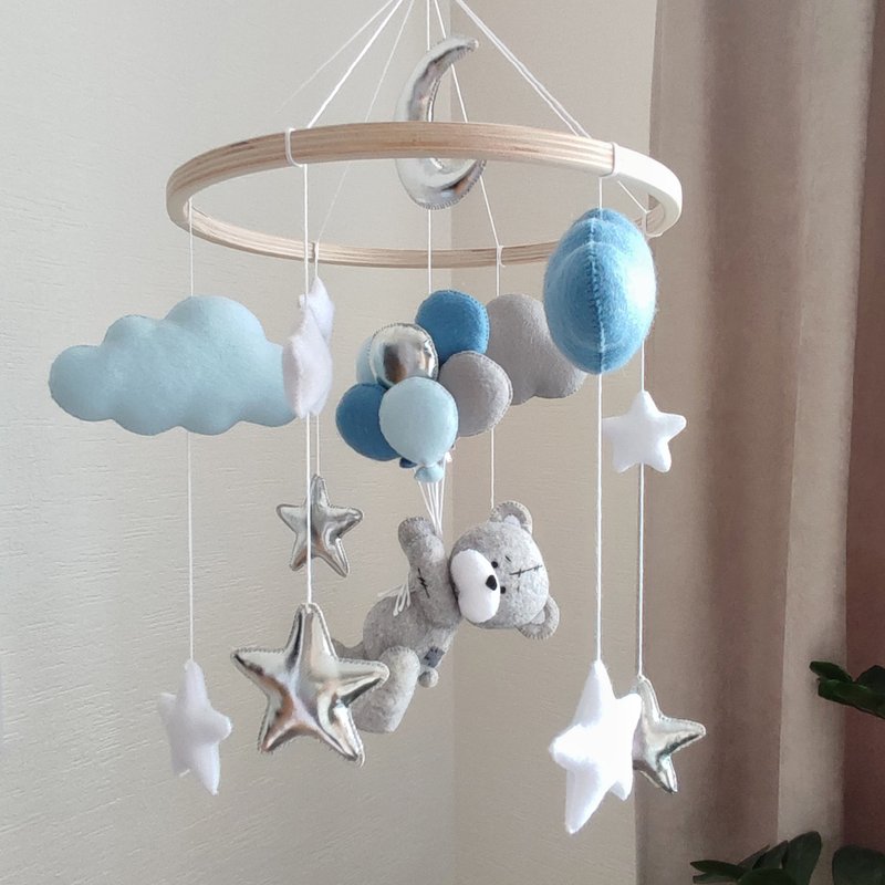 Teddy bear baby crib mobile, bear nursery decor, baby shower, pregnancy gift - ของเล่นเด็ก - วัสดุอีโค สีน้ำเงิน