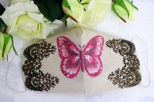 Designer beaded jewelry by Mariya Klishina Textile face mask wth handmade embroidery Mask with butterfly Cloth masks