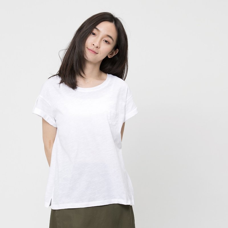 Slub yarn fabric cuff sleeve button shirt 【set for 3 colors】 - Women's T-Shirts - Cotton & Hemp White