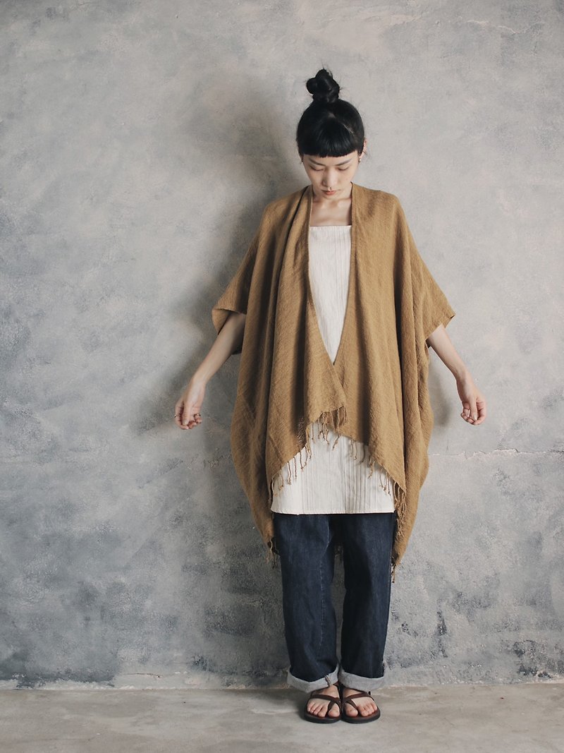 Hand-woven shawl coat natural yellow - Women's Tops - Cotton & Hemp Brown